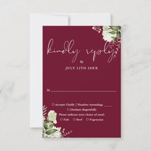 Elegant Burgundy Greenery Floral Wedding RSVP Card