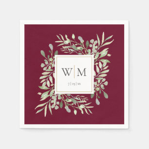 Elegant Burgundy Greenery Gold Monogram Napkins