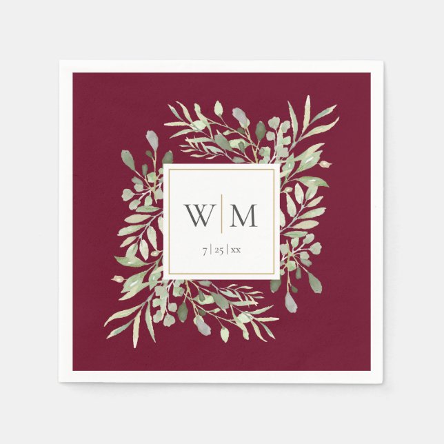 Elegant Burgundy Greenery Gold Monogram Napkins (Front)