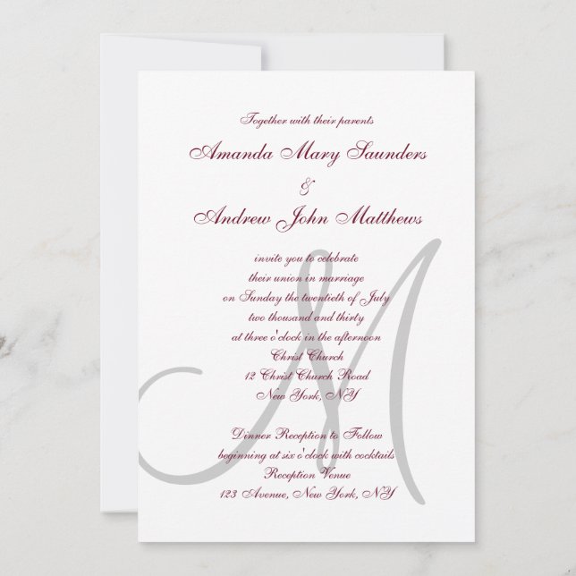 Elegant Burgundy Grey Monogram Formal Wedding Invitation (Back)