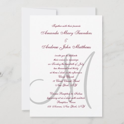 Elegant Burgundy Grey Monogram Formal Wedding Invitation