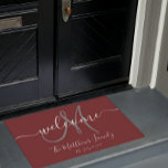 Elegant Burgundy Grey Monogram Script Name Wedding Doormat<br><div class="desc">Personalized burgundy and grey monogram design with bride and groom last name and wedding date on a solid color background. Makes a unique and great gift for newlyweds. Great for new house together. Customize with your name, monogram initial and wedding date and colors to match your house colors. Elke Clarke©...</div>