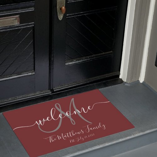 Elegant Burgundy Grey Monogram Script Name Wedding Doormat