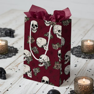 Elegant Burgundy Halloween Floral Skull Small Gift Bag