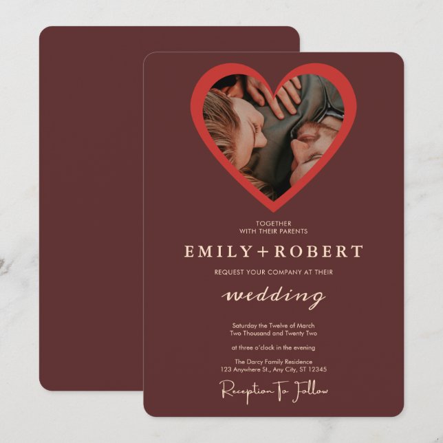 Elegant Burgundy Heart Photo Typography Wedding Invitation (Front/Back)