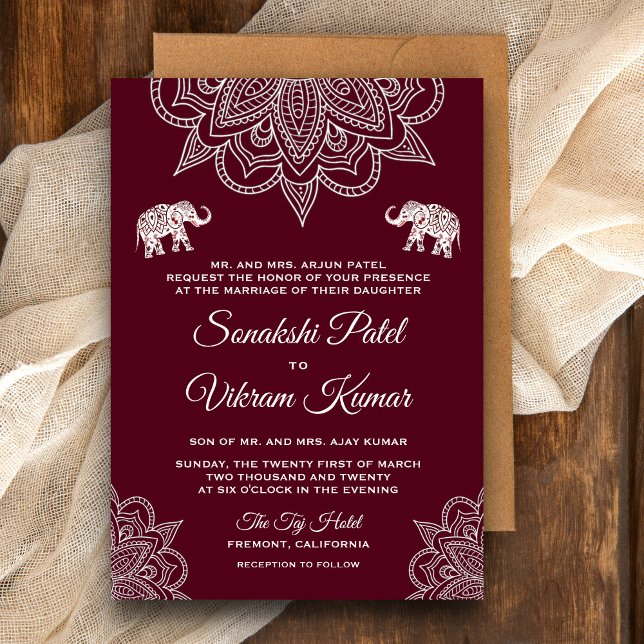 Elegant Burgundy Henna Indian Wedding Invitation (Creator Uploaded)