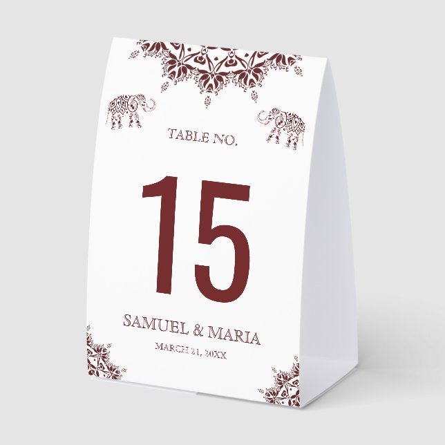 Elegant Burgundy Henna Indian Wedding Table Number Paper Table Tent (Front)