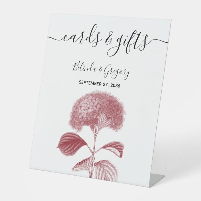Elegant Burgundy Hydrangea Wedding Cards & Gifts Pedestal Sign (Front)