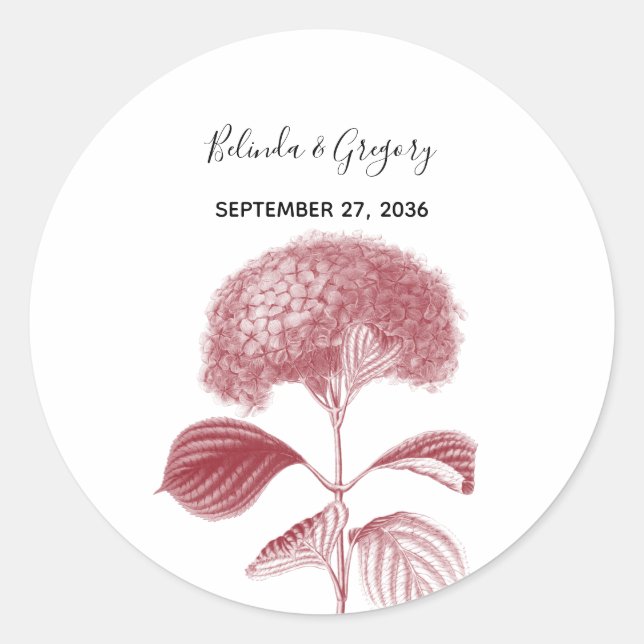 Elegant Burgundy Hydrangea Wedding Classic Round Sticker (Front)