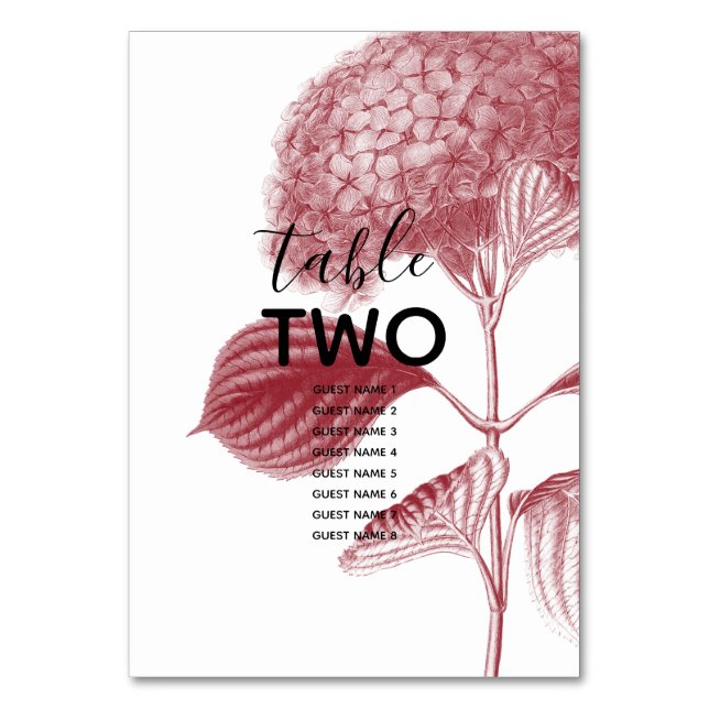 Elegant Burgundy Hydrangea Wedding Guest Names Table Number (Front)