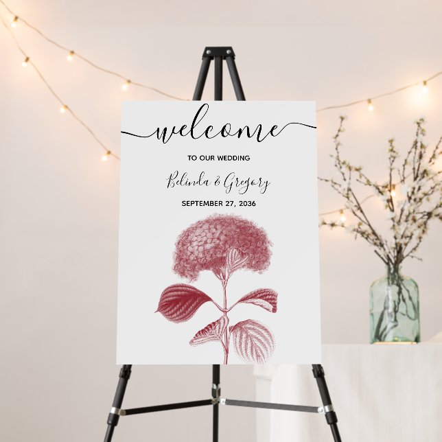 Elegant Burgundy Hydrangea Wedding Welcome Sign (In Situ (Stand))