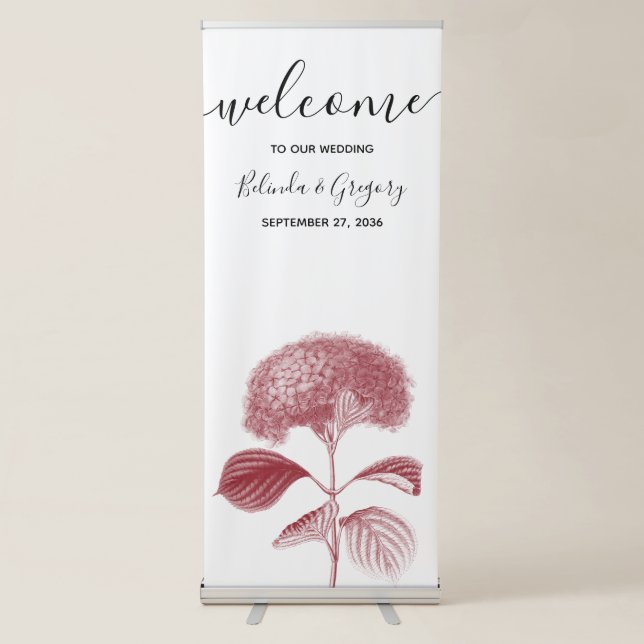 Elegant Burgundy Hydrangea Wedding Welcome Sign (Front)