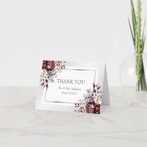 Elegant Burgundy Ivory and Silver Floral Wedding Thank You Card