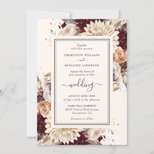 Elegant Burgundy Ivory Fall Floral Wedding Invitation