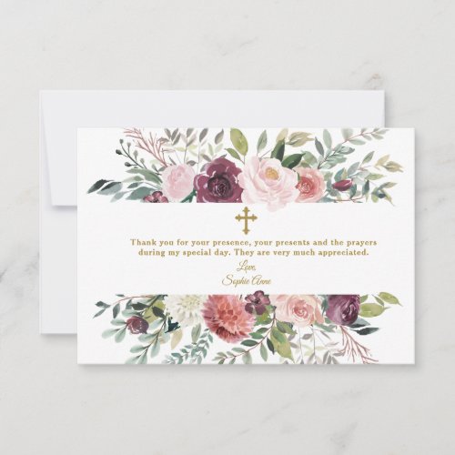 Elegant Burgundy Ivory Floral Frame Gold Baptism Thank You Card