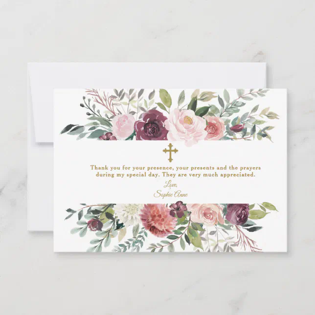 Elegant Burgundy Ivory Floral Frame Gold Baptism Thank You Card | Zazzle