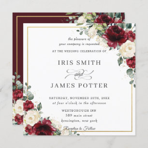 Elegant Burgundy Ivory Floral Gold Wedding Square Invitation