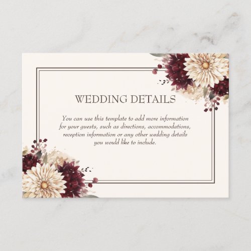 Elegant Burgundy Ivory Floral Wedding Details Enclosure Card