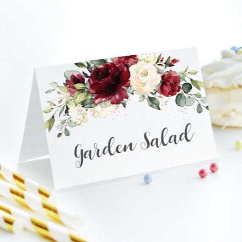 Elegant Burgundy Ivory Floral Wedding Food Tent Card