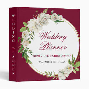 Elegant Burgundy Ivory Floral Wedding Planner 3 Ring Binder