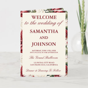 Elegant Burgundy Ivory Floral Wedding Program Card