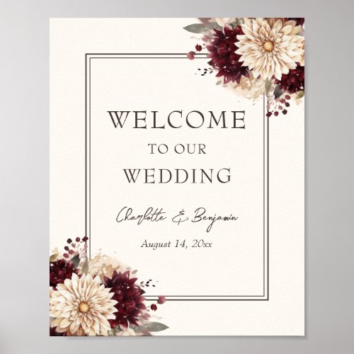 Elegant Burgundy Ivory Floral Wedding Sign