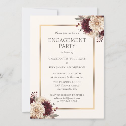 Elegant Burgundy Ivory Gold Engagement Party Invitation