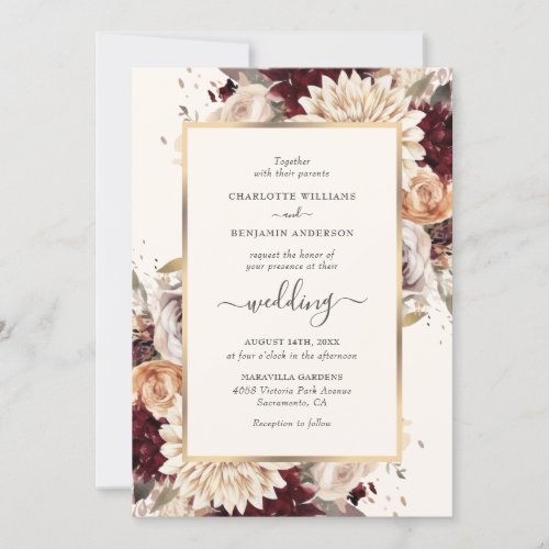 Elegant Burgundy Ivory Gold Fall Floral Wedding Invitation