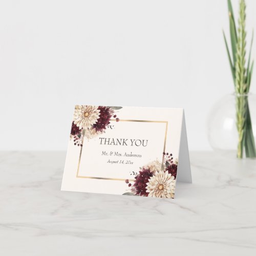 Elegant Burgundy Ivory Gold Fall Floral Wedding Thank You Card