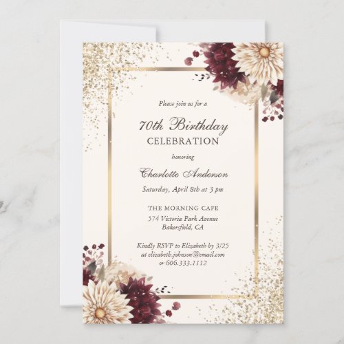 Elegant Burgundy Ivory Gold Floral 70th Birthday Invitation