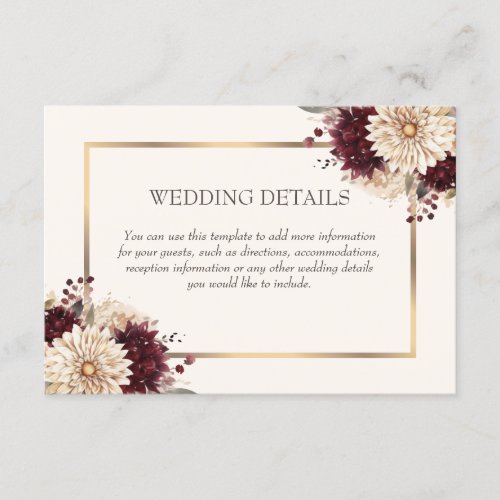 Elegant Burgundy Ivory Gold Floral Wedding Details Enclosure Card