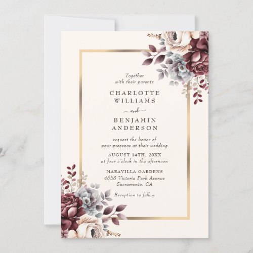 Elegant Burgundy Ivory Gold Floral Wedding Invitation