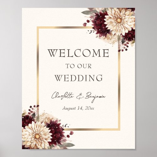 Elegant Burgundy Ivory Gold Floral Wedding Sign