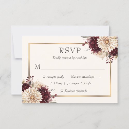 Elegant Burgundy Ivory Gold Rustic Floral Wedding RSVP Card