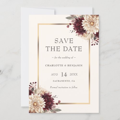 Elegant Burgundy Ivory Gold Rustic Floral Wedding Save The Date