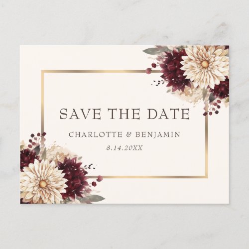Elegant Burgundy Ivory Gold Wedding Save The Date Announcement Postcard