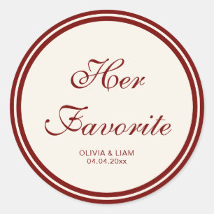 Elegant Burgundy Ivory "Her Favorite" Wedding  Classic Round Sticker