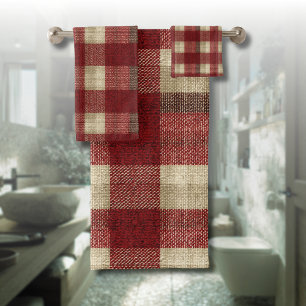 Elegant Burgundy Ivory Rust Red Plaid Pattern Bath Towel Set