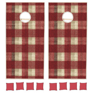 Elegant Burgundy Ivory Rust Red Plaid Pattern Cornhole Set