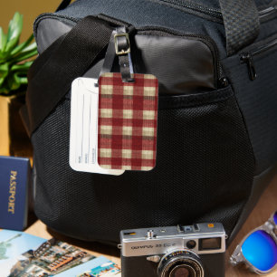 Elegant Burgundy Ivory Rust Red Plaid Pattern Luggage Tag