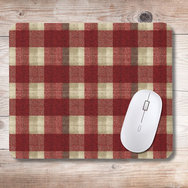 Elegant Burgundy Ivory Rust Red Plaid Pattern Mouse Pad (Creator Uploaded)