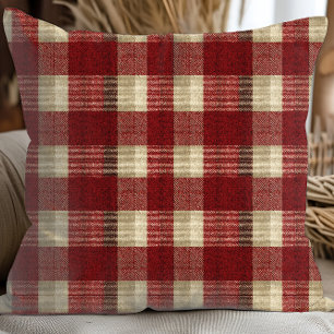 Elegant Burgundy Ivory Rust Red Plaid Pattern Throw Pillow