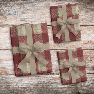 Elegant Burgundy Ivory Rust Red Plaid Pattern Wrapping Paper Sheets