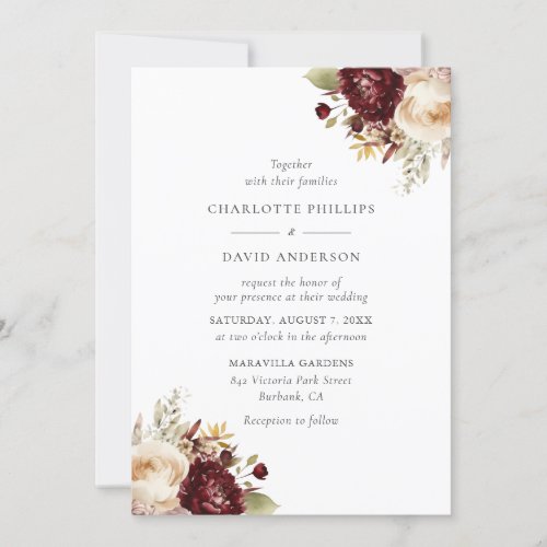 Elegant Burgundy Ivory Rustic Floral Wedding Invitation