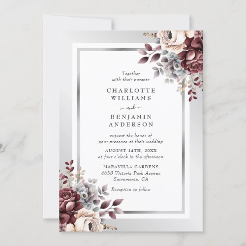 Elegant Burgundy Ivory Silver Floral Wedding Invitation