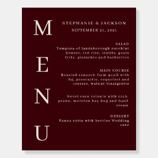 Elegant Burgundy & Ivory Wedding Bar Menu Foam Board