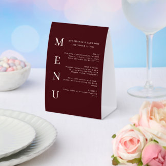 Elegant Burgundy & Ivory Wedding Bar Menu Paper Table Tent