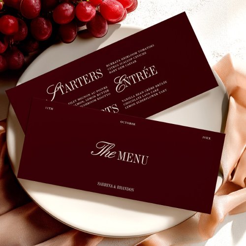 Elegant Burgundy & Ivory Wedding Dinner Menu Card