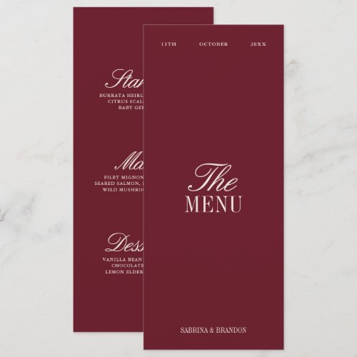 Elegant Burgundy & Ivory Wedding Dinner Menu Card