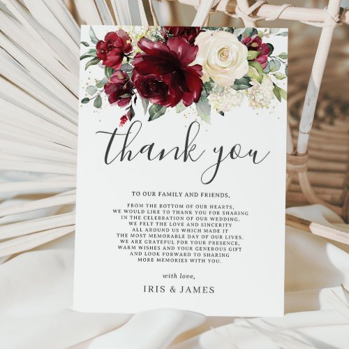 Elegant Burgundy Ivory White Floral Wedding Thank You Card